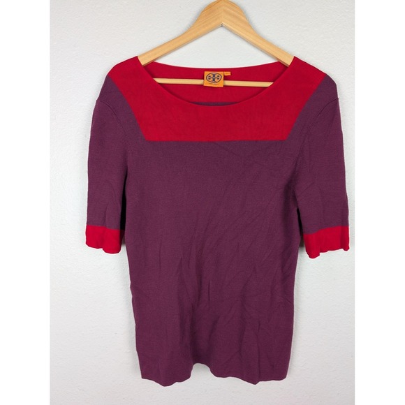 Tory Burch Sweater Womens XL Purple Red Colorblock Short Sleeve Wool Blend Knit - Picture 3 of 9